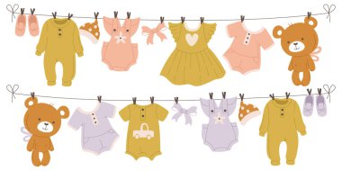 Bebek kıyafetleri ip vektör illüstrasyonunda çamaşır iğnesiyle asılı duruyor. Çamaşırdan sonra temiz bebek kıyafetleri ve aksesuarlar. Küçük kız moda kıyafetleri, çoraplar ve ayakkabılar.