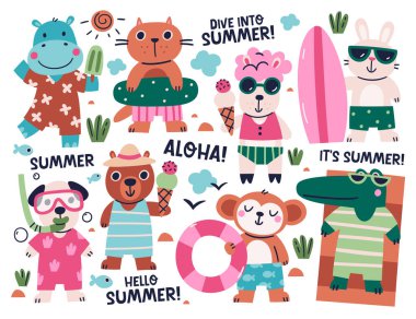 Sevimli hayvanlar plajda güneşlenen su sporunun tadını çıkaran dondurma yiyen ve yaz tatili aktivitelerini karşılayan sevimli karakterler. Tatil vektörü illüstrasyonunda mutlu yaratık maskotu