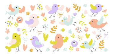 Şirin kuşlar ve çiçekler renkli karalamalar fırça stili vektör illüstrasyonunda çizilmiş kalem el çizimleri. Tapılası kuşum şarkı söylüyor ve cıvıldıyor. Bebek partisi dekoratif tasarım elementleri