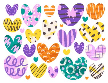 Renkli kalpler, beyaz arkaplanda izole edilmiş desenli grunge tarzı ve sıçrama dokusu soyutlaması. Sevimli romantik aşk sembolü iz vektör çizimi. Moda çizim koleksiyonu