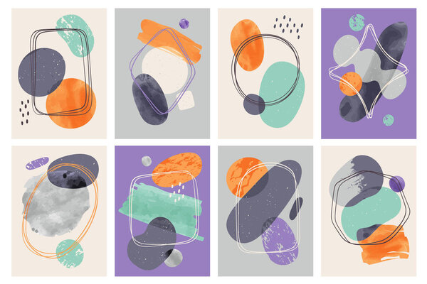 Various abstract shapes, geometric figures and frames with modern art design, templates and backgrounds for banner, cover and poster. Creative contemporary simple print brochure vector illustration