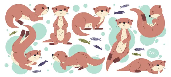 Şirin, kahverengi tüylü su samuru çizgi filminde oynayan vahşi hayvan karakterleri balıklarla suda yüzüyor ve uyuyorlar. Sevimli, güler yüzlü evcil hayvan maskotu çizimi. Komik etobur yaratık çiziyor.