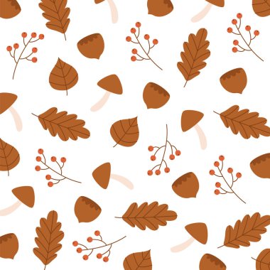 Sonbahar Mantarları ve Meşe Palamudu Örnekleri Vektör İllüstrasyonu