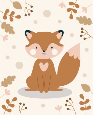 Sonbahar Çiçek Arkaplanı Fox Kart Vektörü İllüstrasyonu