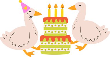 Pasta Vektörü İllüstrasyonlu Doğum günü Kazları Çifti