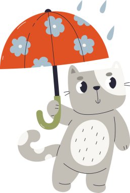Şemsiye Vektör İllüstrasyonlu Kedi
