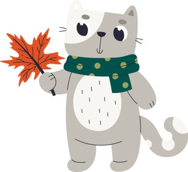 Sonbahar Yaprak Vektörü İllüstrasyonlu Kedi