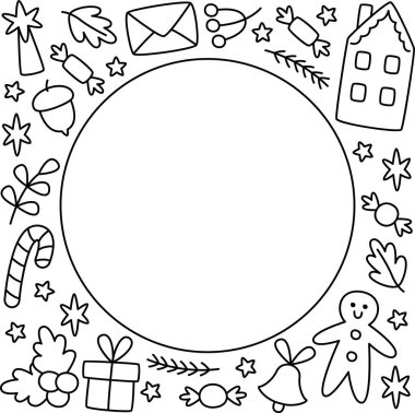 Doodle Elementleri Vektör İllüstrasyonlu Noel Yuvarlak Çerçevesi