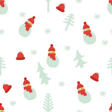 Kış Elementleri Vektörü İllüstrasyonlu Noel Kardan Adam Deseni