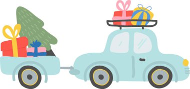 Ağaç ve Yetenekli Noel Arabası Vektör İllüstrasyonu