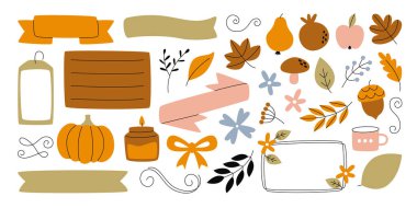 Mevsimsel tatil tebrik kartı ve davetiye şablonu için sonbahar dekoratif tasarım unsurları ayarlandı. Sonbahar yaprakları, çiçekler, meyveler ve sebzeler, mantarlar ve hoş aksesuarlar vektör ilülasyonu