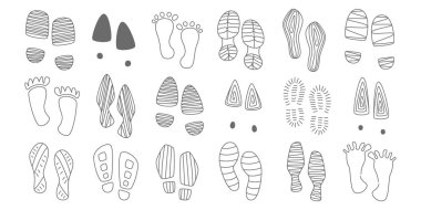 Yalın ayak insan ayak izleri, kadın erkek ayakkabı karalama setinin ayak izleri. Ayakkabısız patika sembolleri, spor ayakkabıları, sandaletler, yüksek şifalar, çizmeler vektör çizmeleri