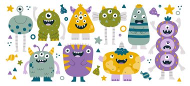 Olumlu gülümseyen duygu setine sahip çeşitli küçük sevimli renkli canavarlar. Çocuksu karakterler Kawaii renkli vücutlu, garip gözlü, turşu dişli, vektör çizimleri olan fantastik yaratıklar.