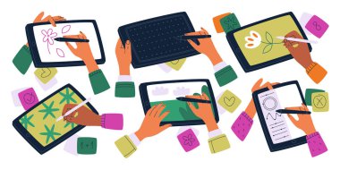 Mobil grafik tablet üzerinde stilus kalem çizimi kullanarak modern sanat eserleri, dijital resimler, oyun savaş çerçevesi ve arayüz tasarım vektör çizimi stili kullanan tasarımcı elleri