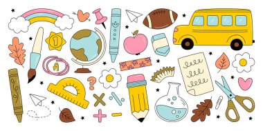 Okul tasarım unsurları, komik bilgi eski moda simgeler, sevimli kırtasiye baskıları. İlköğretim öğrencileri eğitim aksesuarları ve sonbahar çiçek süsleme vektör illüstrasyonu