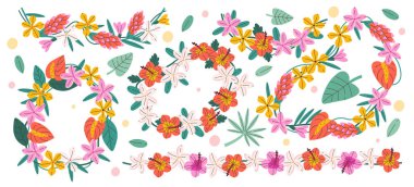 Hawaii tropikal çiçekli çelenkler, düğün ve plaj partisi dekorasyonu için hazırlanmış çiçek çelenkleri. Botanik bölüm, cennet çiçekli egzotik orman bitkileri düzenleme vektörü illüstrasyonu