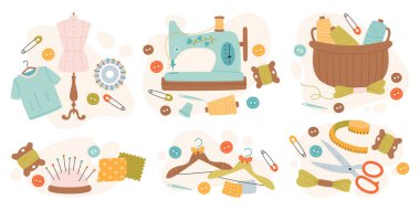 Dikiş makinesi, iplik sepeti, elbise askıları, iğneler, mezura, makas, düğmeler, iğneler ve diğer terzilik malzemeleri mini kompozisyonları. El işi hobisi vektör çizimi