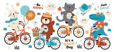 Bisiklet süren sevimli hayvanlar, komik karakterler, çevre dostu ulaşım, ilham verici ifade. Timsah, ayı, kedi, tavşan maskotu, bisiklet iyi, mutlu, eğlenceli vektör çizimi. Yaz tatili
