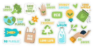 Ekoloji etiketleri, sıfır atık sembol, plastik amblem yok, toprak ve su rozetlerini saklayın. Aşk hayatı, eko çanta, yeşil yapışkan elementler vektör illüstrasyonu. Çevre dostu, çevre güvenliği kavramı