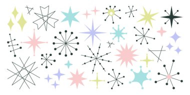 Atomik yıldızlar, yıldız patlaması orta dijital yüzyıl modern grafik sembolleri izole edilmiş vektör çizimleri. Geometrik atomik çağ yıldızlı tasarım elementleri, modaya uygun ışıltılar ve hatıra defteri dekorasyonu