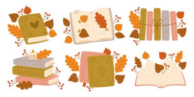 Farklı kitaplar kapanıyor, açılıyor, renkli sonbahar yaprakları ve rowan üzümü süslemeleri ile diziliyor. Şirin bir sonbahar kitabı, düz vektör resimlerini okumak için favori edebiyat kitabı.