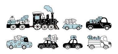 Noel nakliyesi çizimleri araba, tren, kamyon, retro otomobil sürücüsü Xmas köknar ağacı ve paket kutularıyla çizilmişti. Şenlikli klasik araç şirin ikonlar vektör illüstrasyonu