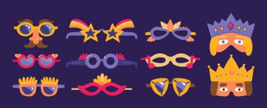 Renkli karnaval maskesi, festival maskesi, balo, geçit töreni, yürüyüş, cadılar bayramı, maskeli balo ya da müzik festivali için kostüm akseti. Kraliçe ve kral kahramanlar, sevimli gözlük vektör çizimi