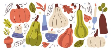 Sonbahar dekoratif elementleri mevsimlik yapraklar, balkabağı sebzeleri, meşe palamudu demeti ve bitkisel vektör illüstrasyonlu vazo. Tebrik kartları için sonbahar koleksiyonu, tatil davetiyesi