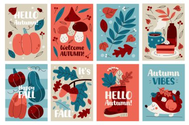 Sonbahar tebrik kartları dizayn şablonları. Orman mantarları, meşe palamutları, balkabakları, yapraklar, yaprak yaprakları, şirin kirpiler, konforlu evler. Mevsimlik doğa vektör çizimleri.