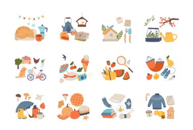 Eğlence malzemeleri ve bayram kutlaması aksesuarlarıyla hazırlanmış hoş bir kompozisyon. Sonbahar, ilkbahar, kış, yaz günleri boş zaman aktivitesi, parti etkinliği ve dinlenme zamanı tasarım vektörü illüstrasyonu