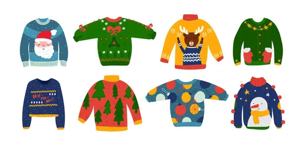 Sıcak, sıcak bir Noel süveteri ya da kazak örgüsü. Üzerinde şirin izler, süsler ve izole tatil tasarımları var. Renkli desenli yün örgü vektör resimli kış modası