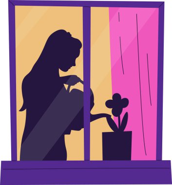 Woman Watering Flower Silhouette In Night Window Vector Illustration