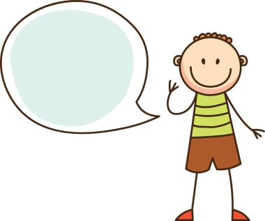 Elinde konuşma balonu olan neşeli bir çizgi film çocuğu. Vektör İllüstrasyonu.