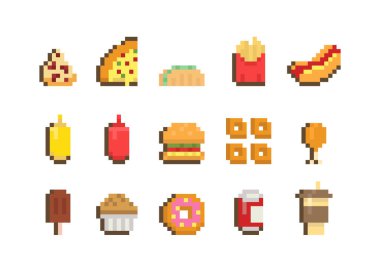 Şirin fast food ve pikselli içecek ikonu, lezzetli aperatif 8 bit tasarımı, bistro sokak yemeği mozaik elemanı seti. Patates kızartması, hamburger, sosisli sandviç, dondurma, kahve, taco, nugget vektör çizimi