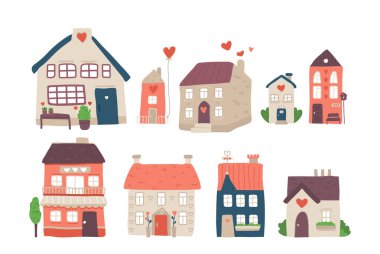 Sevgi, tutku, hayranlık ve romantizm üzerine kurulu, kalp şeklindeki sembollerle izole edilmiş şirin bir ev. Banliyö kulübesi, güvenli ev, konak vektör çizimi. Sigorta ve koruma