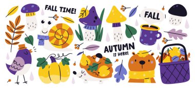Sevimli sonbahar karakterleri, doğal elementler ve mevsimsel aksesuarlar büyüleyici çocuksu koleksiyon. Güzel kuş ötüşü, salyangoz sürünmesi, mantar taşıyan kirpi, komik ayı hayvan vektör çizimi