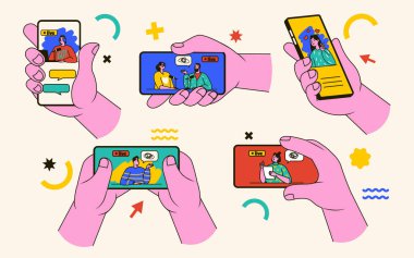 İnsan elleri dijital ekranda canlı yayında talk show ile akıllı telefonu tutuyor. İnternet vektör illüstrasyonunda video izlemek için multimedya cep telefonu uygulaması kullanan insanlar