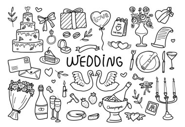 El çizimi nişan etkinliği ve evlilik seremonisi eskiz ve karalama vektör illüstrasyonunu çizer. Dekoratif ve şenlikli parti kutlama simgeleri
