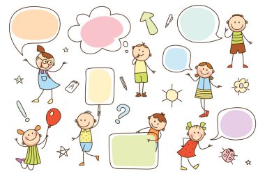 Sevimli mutlu çocuk karakterleri ve boş boş konuşma baloncukları diyalog kutusu çizimi tasarımı. Neşeli oğlanlar ve kızlar konuşuyor, konuşuyor, bilgi paylaşıyor, vektör çizimi düşünüyor.