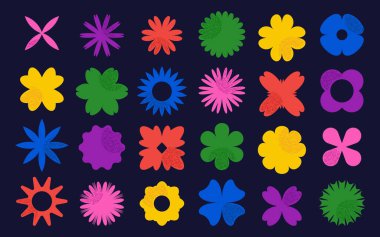 Renkli vahşi çiçek, minimalist geometrik çiçek figürleri grafik tasarım düzenini şekillendirir. Y2K Bauhaus doğal bitki elementlerinin izole edilmiş ilkel seti, basit vahşi çiçek vektör illüstrasyonu