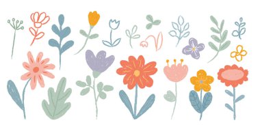 Çocuk pastel boyası çizimleri, çocukça çiçek desenleri, renkli doğal tebeşir karalamaları izole edilmiş set. Bahar ve yaz zamanı yaprakları, çiçek açan bitkiler çocuksu sanat tasarım vektörü çizimleri.