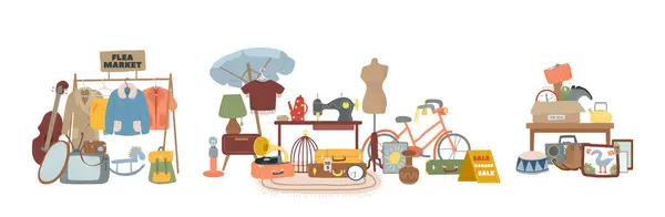 Garaj satış caddesi tezgahları, kullanılmış aletler sunan bit pazarı, antika eşyalar, eski mobilyalar, ikinci el kıyafet vektör çizimleri. Komşuları yardım derneği ya da açık artırma, pazar çizgi film kompozisyonu.