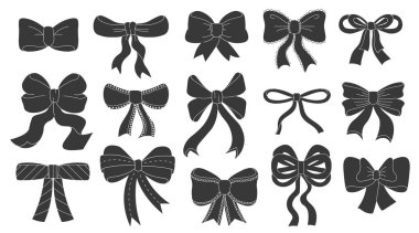 Hediye yayları, hediye kutuları kurdele düğümleri tatil süslemeleri siluetleri seti. Zarif Sevgililer Günü, Noel, doğum günü, düğün paketi veya tebrik kartı çizimi