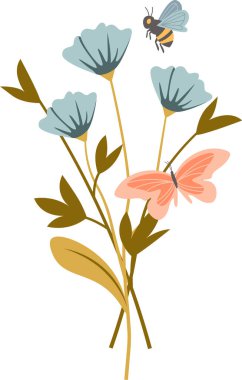 Kelebek Vektör İllüstrasyonlu Yaban Çiçeği Buketi