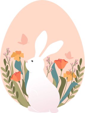 Tavşanlı Paskalya Yumurtası ve Çiçek Vektör İllüstrasyonu