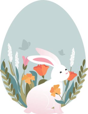 Tavşanlı Paskalya Yumurtası ve Çiçek Vektör İllüstrasyonu