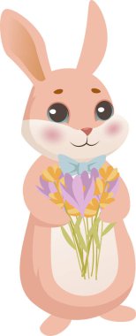 Paskalya Tavşanı Çiçek Tutan Buket Vektör İllüstrasyonu