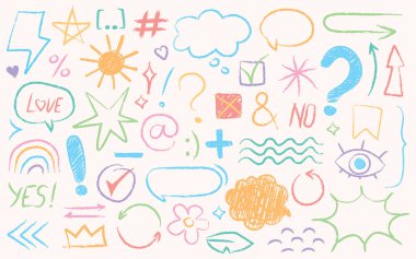 Mesaj iletişim karalamaları, çeşitli el çizimleri pastel boya şekilleri, renkli kalem karalamaları. Soyut altı çizgiler, doğal semboller, konuşma baloncukları sohbet kutuları, metin notları vektör illüstrasyonu