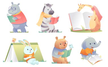 Sevimli hayvanlar akıllı karakterler kitap okuyor, öğreniyor ve edebiyat çizgi film setini inceliyor. Hippopotamus, zebra, zürafa, tavşan, ayı ve fil öğrenci Kawaii kişilik çizimi