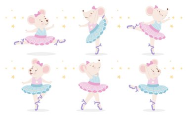 Sevimli küçük fare balerin hayvan dansı. Etek etekli bebek partisi seti giymiş şekilde poz veriyor. Oldukça küçük kemirgen aktris karikatür sanatsal kişilik çocuksu tasarım şablon vektör çizimi